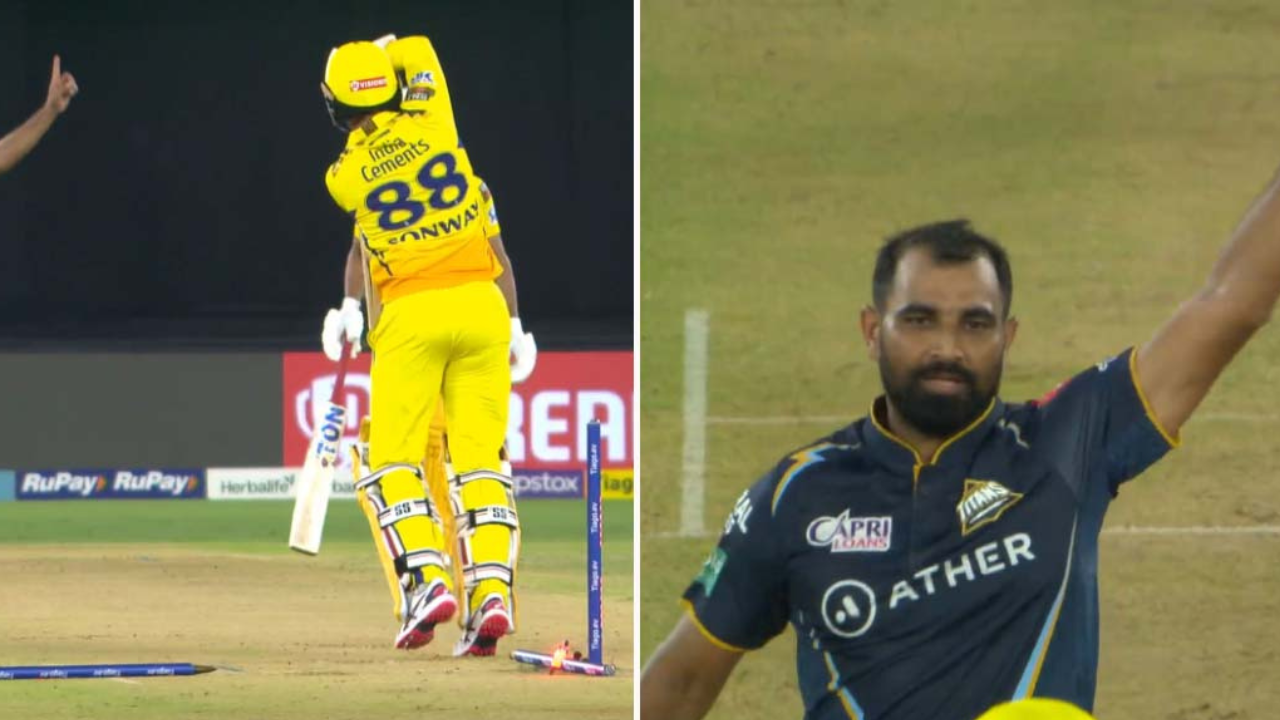 "Shami demolishing poles" - Twitter reacts as Mohammed Shami cleans up Devon Conway to take his 100th wicket in IPL