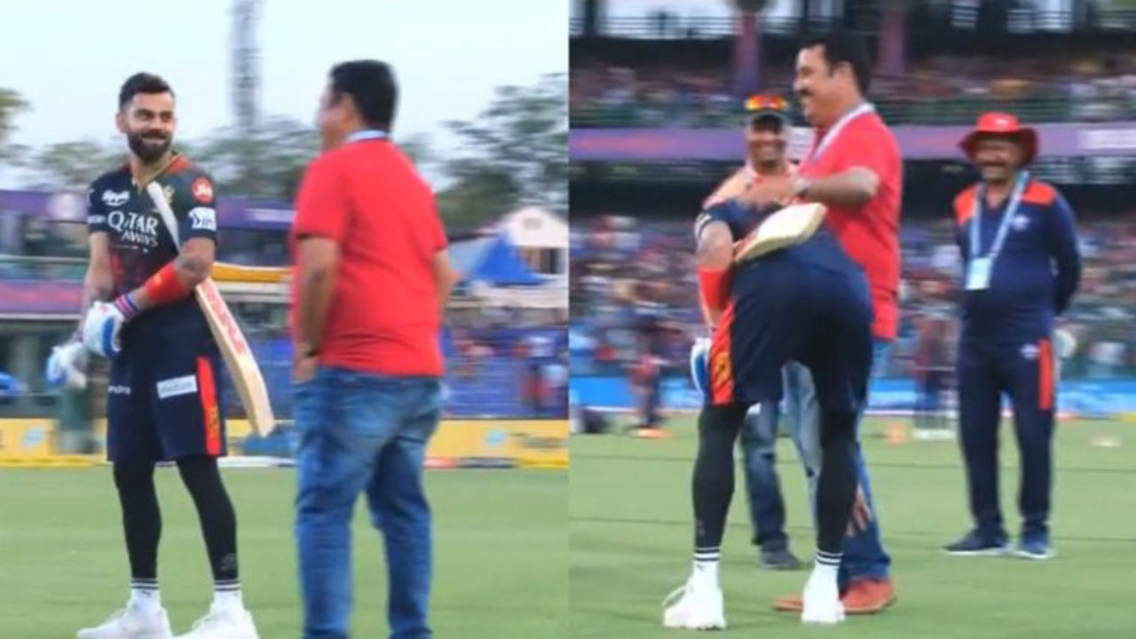 "He is aware of whom to respect; removed his right-hand's gloves to seek Guru's blessings", Twitter reacts as Virat Kohli touches Rajkumar Sharma's feet ahead of the game between Royal Challengers Bangalore and Delhi Capitals in IPL 2023